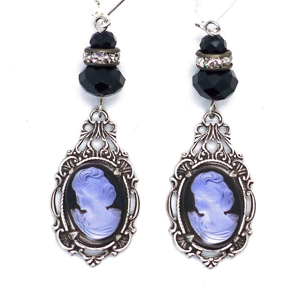 Blue Haze // 1940s Vintage Blue & Black Cameo Earrings w/ Jet Glass Swarovski Crystal Art Deco Midcentury Retro Gothic Bridal Bridesmaid Fun