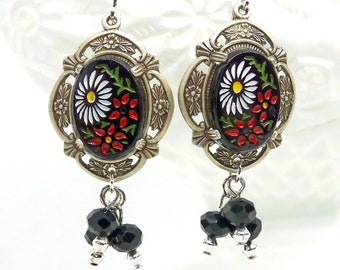 Dark Daisies // Vintage 1950s Japanese Hand Painted Cameo Earrings w/ Jet Glass Beads Cottagecore Goth Gothic Gothcore Retro Pinup Boho Deco