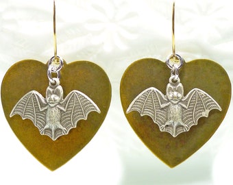 Batty Hearts // Vintage Brass Heart Earrings w/ Silver Plated Bats on gold Hoops Goth Gothic Gothcore Witchy Bohemian Boho Oddities Macabre