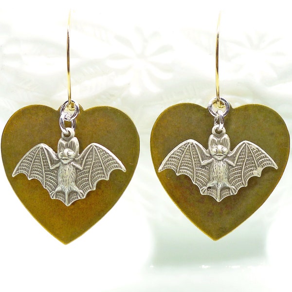 Batty Hearts // Vintage Brass Heart Earrings w/ Silver Plated Bats on gold Hoops Goth Gothic Gothcore Witchy Bohemian Boho Oddities Macabre