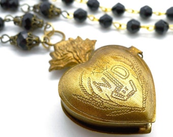 Sacred Heart Locket // Gold Ex Voto Locket Necklace Jet Czech Glass Long Chain Statement Piece Layering  Religious Notre Dame Goth Gothic