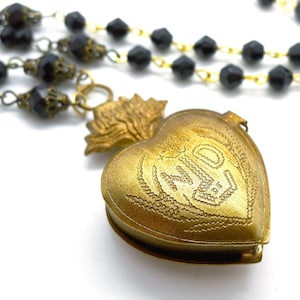 Sacred Heart Locket // Gold Ex Voto Locket Necklace Jet Czech Glass Long Chain Statement Piece Layering Religious Notre Dame Goth Gothic image 1