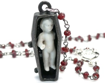 Coffin Baby // 1900s Frozen Charlotte Doll Coffin Garnet Rosary Necklace Statement Layering Cross Goth Gothic Gothcore Bespoke Miniature