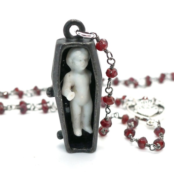 Coffin Baby // 1900s Frozen Charlotte Doll Coffin Garnet Rosary Necklace Statement Layering Cross Goth Gothic Gothcore Bespoke Miniature