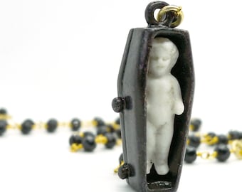 Coffin Baby // 1900s Frozen Charlotte Doll Coffin Rosary Necklace Statement piece Layering Cross Goth Gothic Gothcore Bespoke Miniature Babe