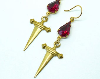 Blood Drops and Daggers // 1950s Swarovski Crystal Drop and Vintage Brass Dagger Earrings, Ruby Macabre Gothic Goth Occult Love Witch Boho