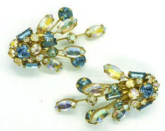 Spring Spray / Vintage 1950s Clip-on Earrings BALLET Brand Aquamarine Aurora Borealis Crystals on Gold Glamour Pinup Costume Ear Climbers