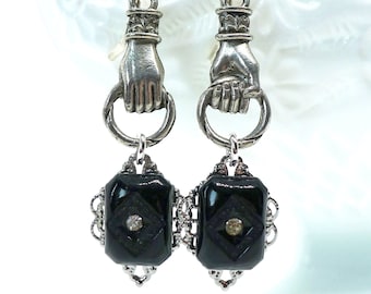 Jet Hands // Silver Plated Hand Earrings w/ 1940s Jet Glass & Rhinestone Art Deco Vintage Goth Gothic Victorian Witchy Drops Bohemian Retro