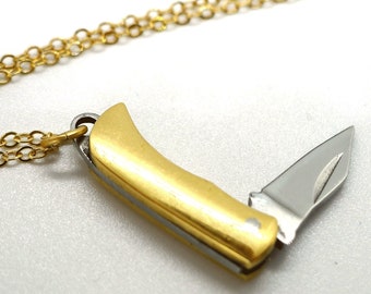 Tiny Hunter // Miniature Pocket Knife Necklace Pendant Brass Handle w/ Gold Chain Knife Blade Boho Goth Boheme Bohemian Gothic Witch Mini