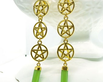 Green Fairy // Triple Gold Pentacle Earrings w/ Chrysoprase Points in 24k Gold Pagan Tarot Witchy Witchcore Gemstone Crystal Goth Pagan Boho