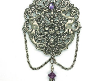 Pan's Pleasure // Vintage Sterling Silver and Amethyst Brooch with Cherubs and Chain Pearl Swarovski Nymph Angel Fantasy Renaissance Boheme