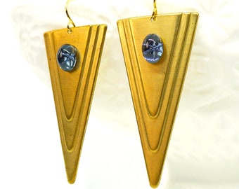 Disco Star Dangles // Brass Triangle Earrings w/ Vintage 1950s Blue Star Sapphire Glass Gem Minimalist Minimalism Contemporary Modern Shapes