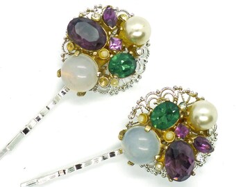 Mardi Gras Party //  Vintage 1950s 1960s Jeweled Hairpins Bobbypins Hairclips Glamour Pinup Girl Midcentury Retro Amethyst Pearl Emerald