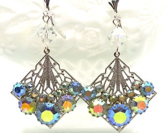 Aurora's Glamour // Incredible Vintage 1960s AB Crystal Statement Earrings w/ Silver Filigree Midcentury Pinup Girl Bridal Rainbow Art Deco