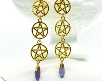 Purple Fairy // Triple Gold Pentacle Earrings w/ Amethyst Points in 24k Gold Pagan Tarot Witchy Witchcore Gemstone Crystal Goth Pagan Boho