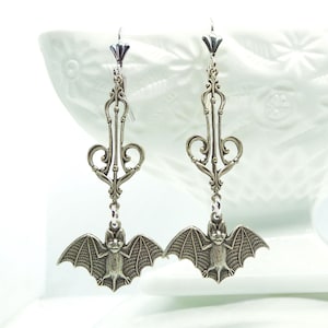 Belfry Bats // Silver Plated Bat Long Drop Hanging Earrings w/ Beautiful Victorian Filigree Gothic Goth Gothcore Witchy Halloween Edwardian image 1