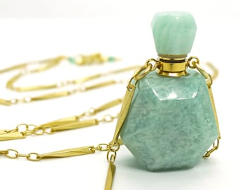 Scent Bottle // Carved Amazonite Long Perfume Bottle Necklace Essential Oils Parfum Gemstone Statement Boheme Bohemian Bespoke Handmade Boho