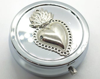 Sacred Box // Silver Plated Round Pill Box w/Silver Plated Sacred Heart Milagro Self Care Boudoir Dia de los Muertos Ex Voto Flaming Heart