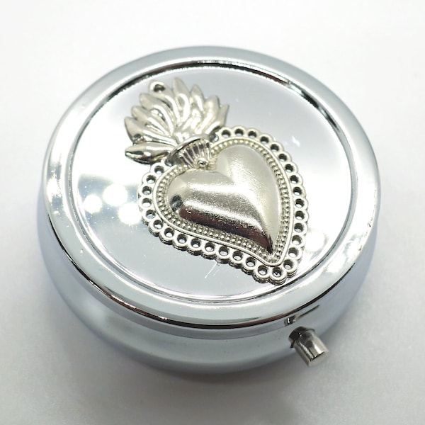 Sacred Box // Silver Plated Round Pill Box w/Silver Plated Sacred Heart Milagro Self Care Boudoir Dia de los Muertos Ex Voto Flaming Heart