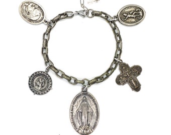 All Saints // Silver Catholic Medallion Charm Bracelet Adjustable Vintage Medals Virgin Mary St Christopher Holy Assemblage Deco Repurposed