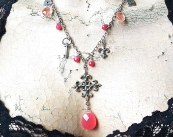 Fleurs de Rose // Pure Sterling Silver Fleur de Lys & Gemstone Charm Necklace Skeleton Key Watermelon Quartz Ruby Jade Marie Antoinette Chic