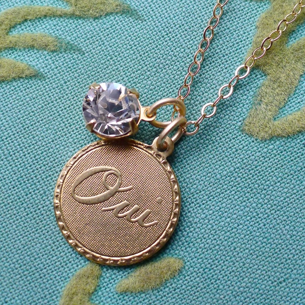 She Said Yes // French OUI Gold Token Pendant Necklace with 1950s Vintage Swarovski Crystal, Retro Bridal Bride Romantic Calligraphy Boheme