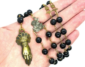 Roses Rosary // Full Length Black Jet Czech Glass Rosary Necklace Gold Victorian Hand Gothic Goth Rococo Baroque Gothcore Catholic Vintage