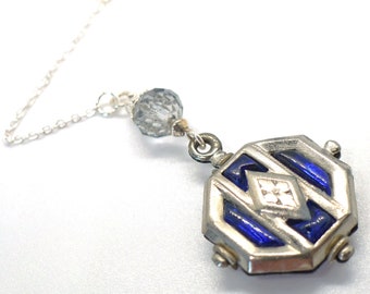 Cobalt Lariat // 1930s Art Deco Pendant Lariat Necklace w/ Cobalt Blue Glass and Pewter on Fine Silver Plated Chain Flapper Geometric Czech