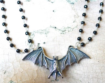 Onyx Bat Collar // Sterling Silver Plated Bat Necklace w/ Gemstones Draped Beaded Multiple Chains Rosary Halloween Gothic Goth Unisex Vamp