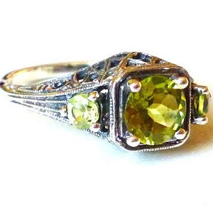 3 Stone Natural Peridot Ring in Sterling Silver Art Nouveau Art Deco Victorian Edwardian Gemstone Filigree August Birthstone Engagement Boho