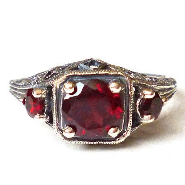 Gorgeous 3 Stone Natural Garnet Ring Sterling Silver Art Nouveau Art Deco Victorian Edwardian Gemstone Filigree Bohemian Birthstone Boheme