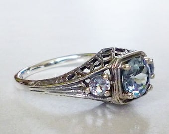 Stunning 3 Stone Natural Aquamarine Ring Sterling Silver Vintage Style Victorian Edwardian Filigree Nouveau Deco Semiprecious Bride March