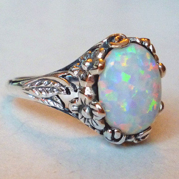 Amazing Carved Floral Design Opal Solitaire Ring // Gemstone Art Nouveau Art Deco Victorian Edwardian Precious Gemstone October Birthstone