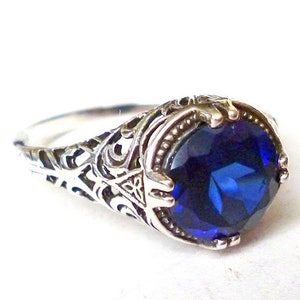 Stunning 2 carat Sapphire Solitaire Ring in Sterling Silver Filigree Antique Style Victorian Edwardian Art Nouveau Art Deco Bride Bohemian image 1