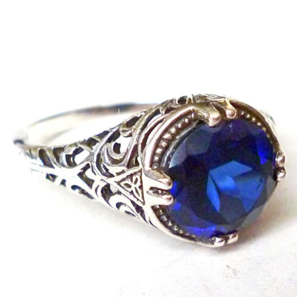 Stunning 2 carat Sapphire Solitaire Ring in Sterling Silver Filigree Antique Style Victorian Edwardian Art Nouveau Art Deco Bride Bohemian