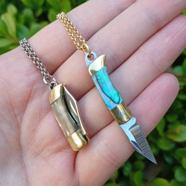 Tiny Hunter // Miniature Pocket Knife Necklace Pendant Abalone Shell Handle w/ Silver or Gold Chain Knife Blade Boho Goth Boheme Bohemian