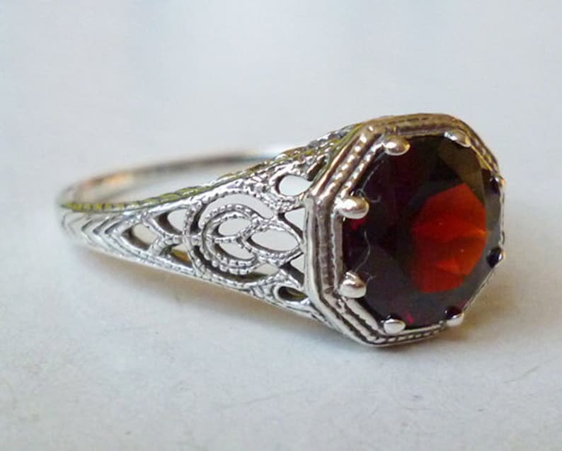 Garnet Solitaire Ring in Sterling Silver Filigree Antique Victorian Edwardian Nouveau Deco Gothic Bohemian Engagement Birthstone Gypsy