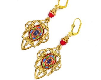 Red and Gold // Gold Plated Filigree Earrings with 1950s Glass Hand Painted Mosaic Blue Green Red Gold Exotic Bollywood Midcentury Retro Mod