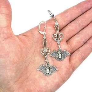 Belfry Bats // Silver Plated Bat Long Drop Hanging Earrings w/ Beautiful Victorian Filigree Gothic Goth Gothcore Witchy Halloween Edwardian image 7