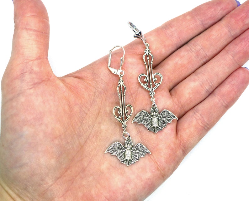 Belfry Bats // Silver Plated Bat Long Drop Hanging Earrings w/ Beautiful Victorian Filigree Gothic Goth Gothcore Witchy Halloween Edwardian image 7