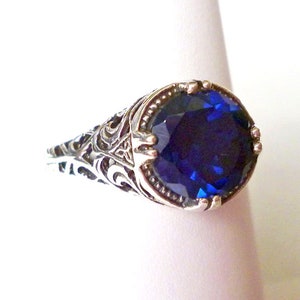 Stunning 2 carat Sapphire Solitaire Ring in Sterling Silver Filigree Antique Style Victorian Edwardian Art Nouveau Art Deco Bride Bohemian image 5