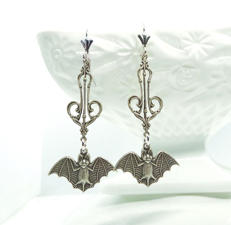 Belfry Bats // Silver Plated Bat Long Drop Hanging Earrings w/ Beautiful Victorian Filigree Gothic Goth Gothcore Witchy Halloween Edwardian image 1