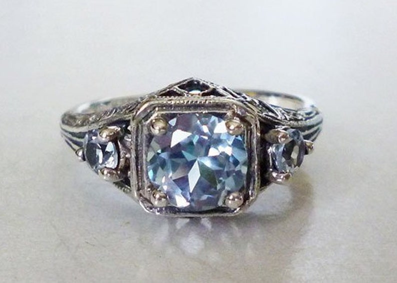 Stunning 3 Stone Natural Aquamarine Ring Sterling Silver Vintage Style Victorian Edwardian Filigree Nouveau Deco Semiprecious Bride March image 2