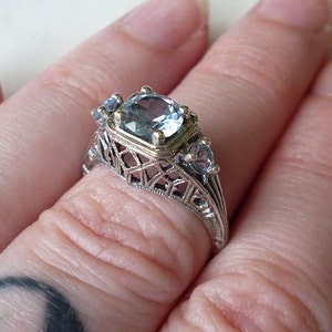 Stunning 3 Stone Natural Aquamarine Ring Sterling Silver Vintage Style Victorian Edwardian Filigree Nouveau Deco Semiprecious Bride March image 4