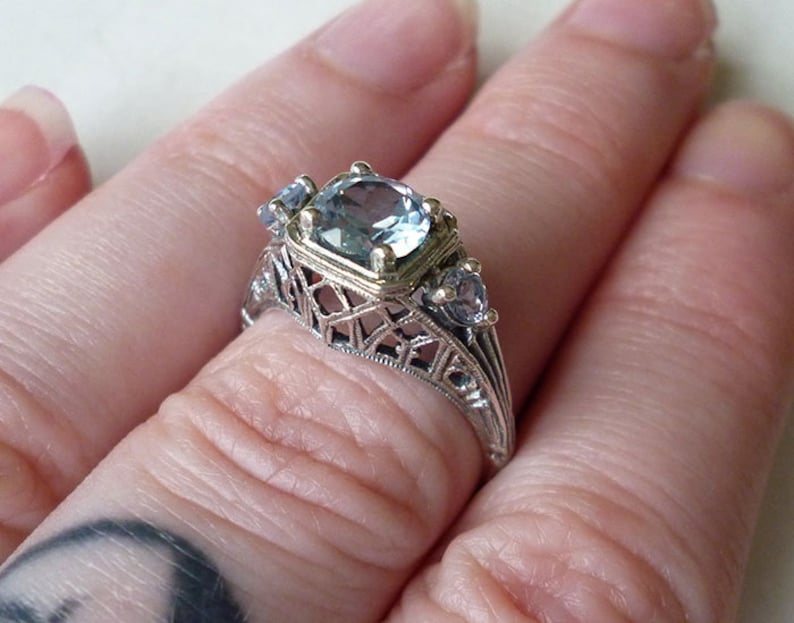 Stunning 3 Stone Natural Aquamarine Ring Sterling Silver Vintage Style Victorian Edwardian Filigree Nouveau Deco Semiprecious Bride March image 4