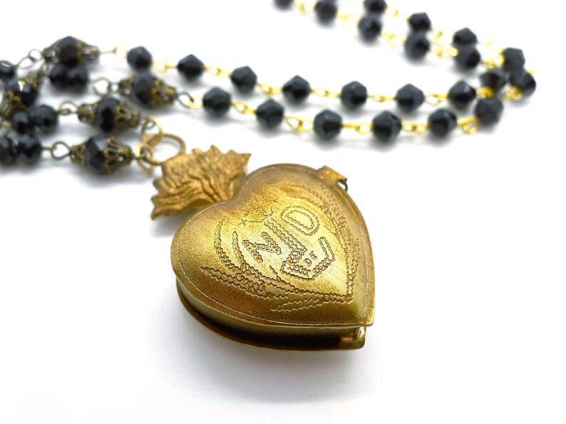 Sacred Heart Locket // Gold Ex Voto Locket Necklace Jet Czech Glass Long Chain Statement Piece Layering Religious Notre Dame Goth Gothic image 1