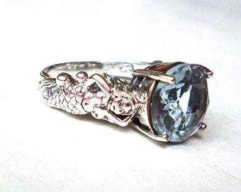 Mesmerizing Antique Style Aquamarine Mermaid Ring Sterling Silver, Semiprecious Gemstone Victorian Edwardian Art Nouveau Art Deco Magic Boho