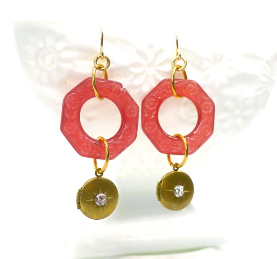Coral Hoops // 1930s Glass Floral Embossed Hoop Earrings w/ 1950s Brass Lockets Swarovski Art Deco Frida Kahlo Bohemian Gypsy Czech Glass