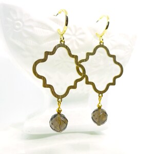 Moroccan Beauties // Brushed Gold Geometric Shapes Earrings Smoky Topaz on Gold Plated Hoops Bohemian Minimalist Fancy Birthstone Statement image 3