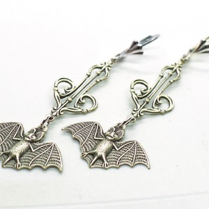Belfry Bats // Silver Plated Bat Long Drop Hanging Earrings w/ Beautiful Victorian Filigree Gothic Goth Gothcore Witchy Halloween Edwardian image 8